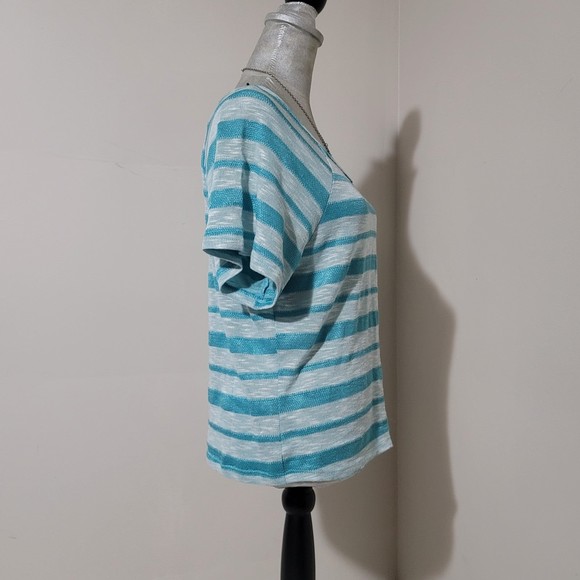 y2k Vanity striped v neck short sleeve tee shiny blue top m - Picture 3 of 11